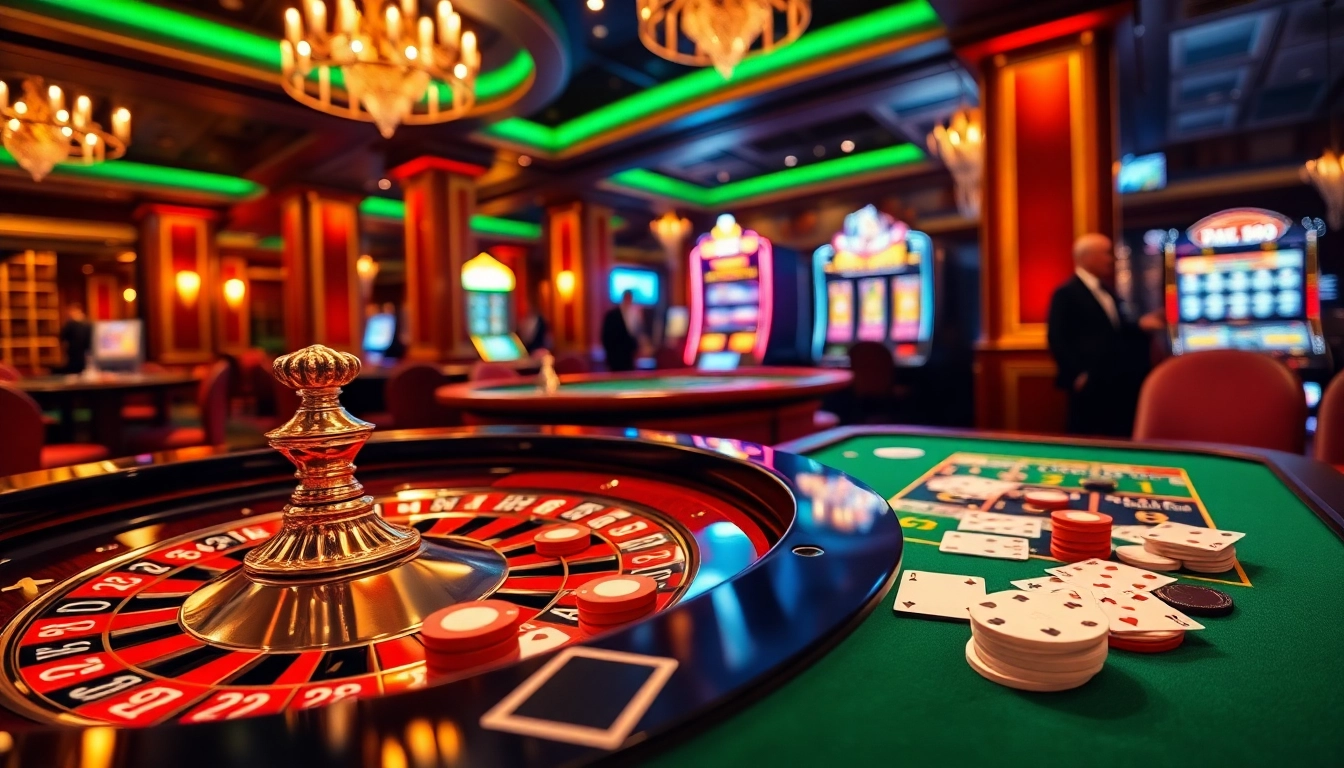 MM88 casino atmosphere showcasing a roulette table and slot machines, filled with excitement.