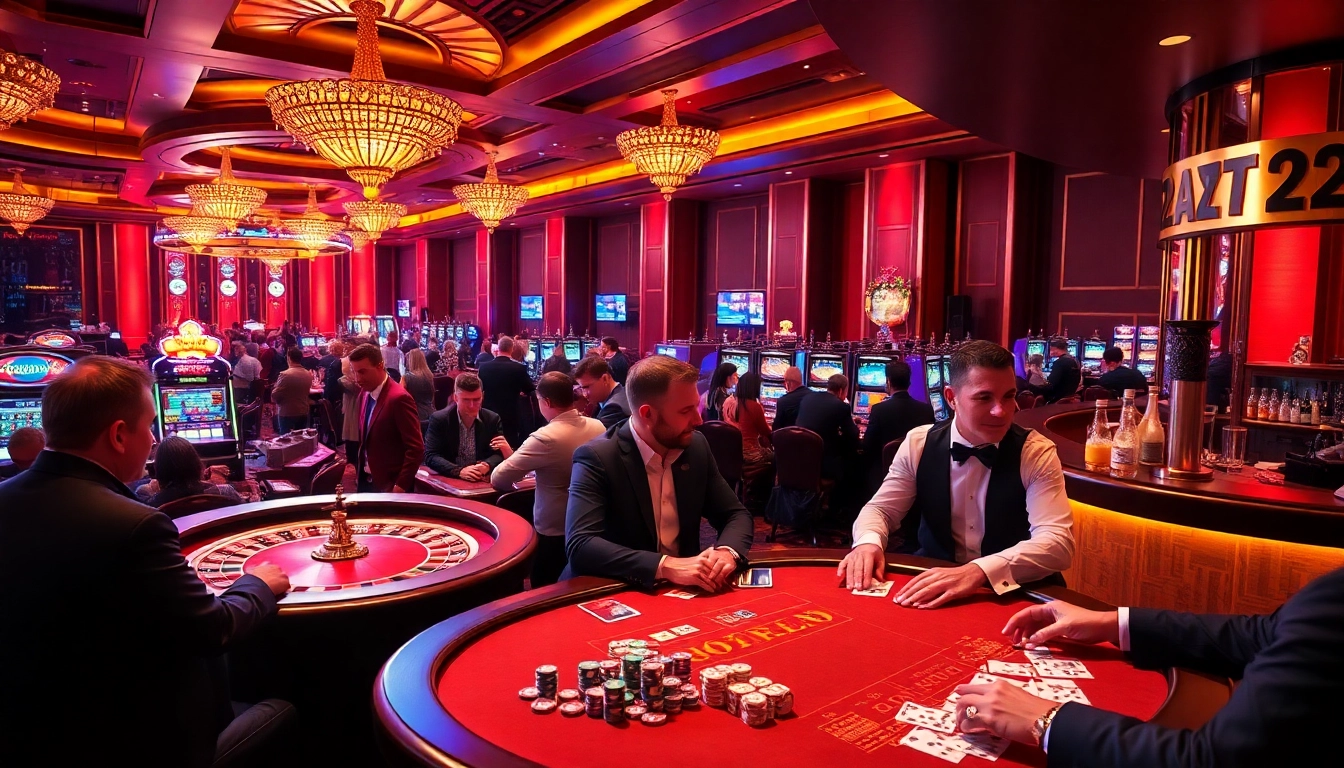 Experience the thrill of XSMB 247 at a luxurious casino with eager gamblers at gaming tables.