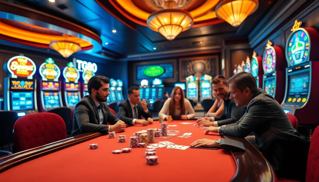 Engage in a thrilling poker game at an upscale casino table featuring https://tg88co.com/ poker chips and cards.