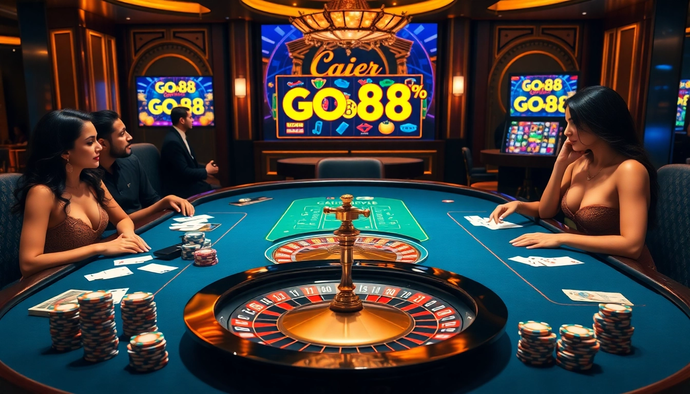Exciting gambling scene with luxury elements featuring GO88 brand poker and roulette tables.