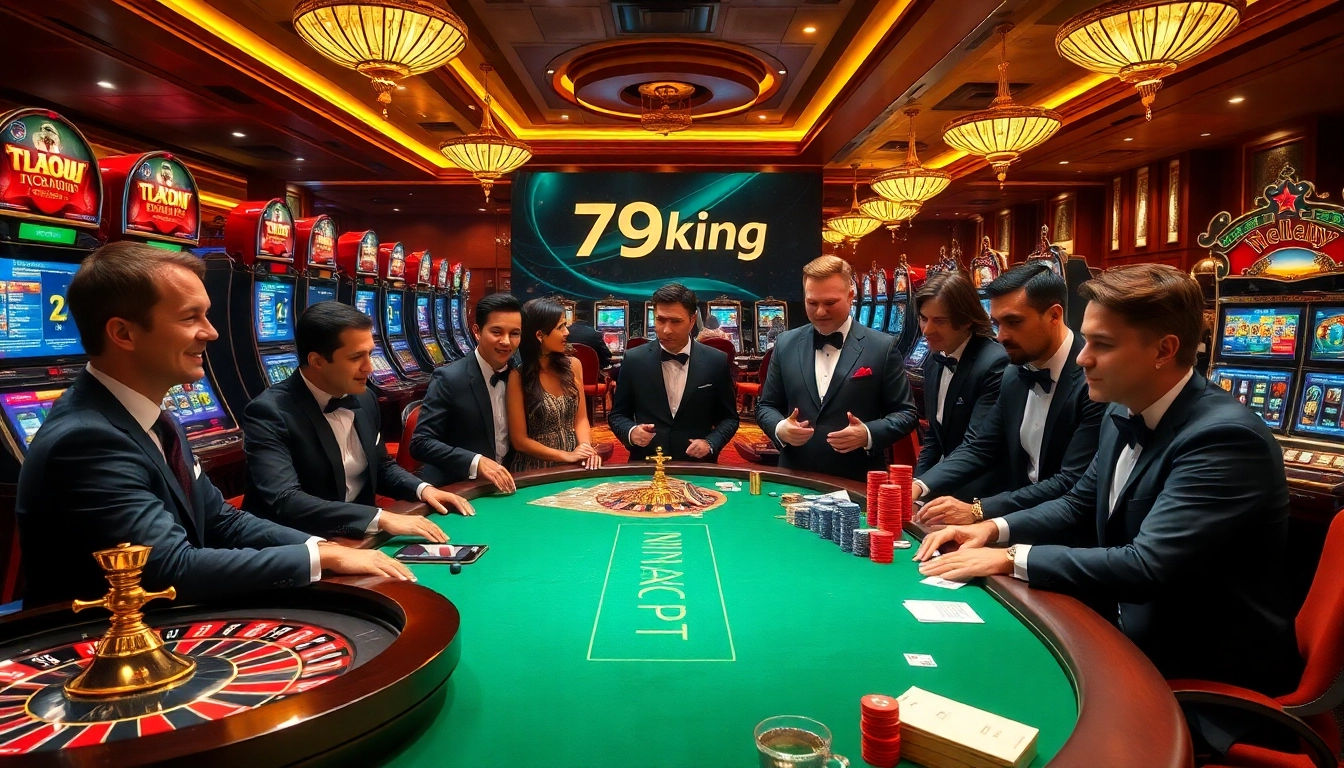Gamblers enjoying a lively casino atmosphere with 79king branding on slot machines and poker tables.
