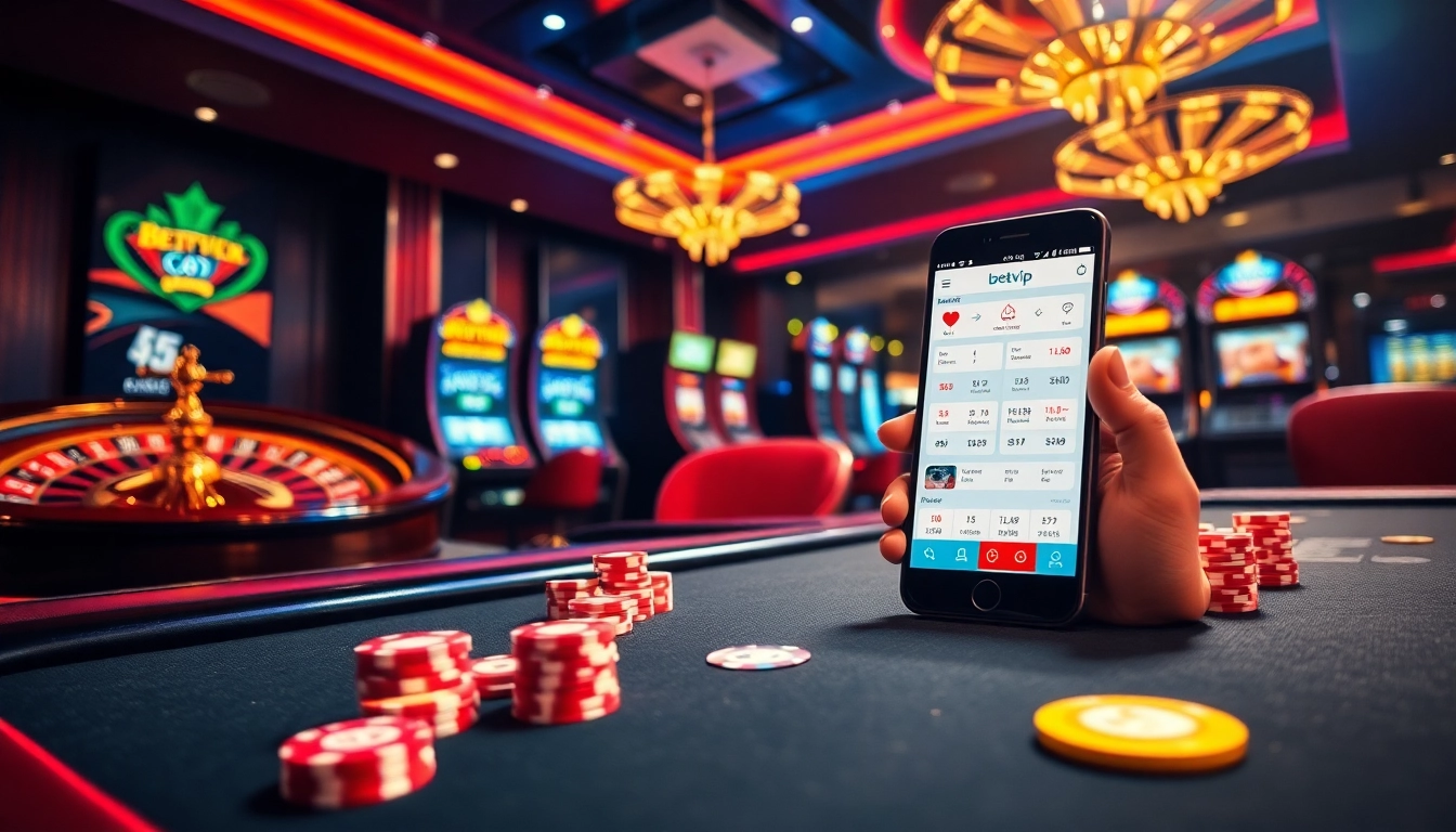 Ứng dụng Betvip được hiển thị trên điện thoại thông minh trong một casino sống động với đầy bàn chơi poker và máy đánh bạc.