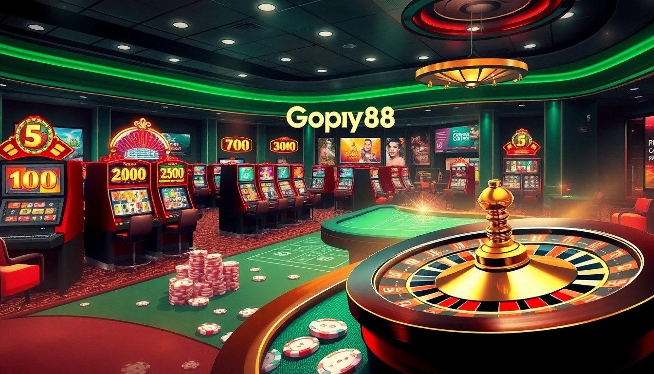 Experience the thrill of Gopay88 with vibrant casino imagery featuring slot machines and poker chips.