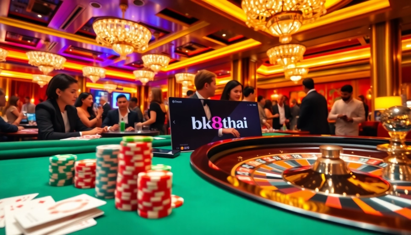 Engaging scene showcasing bk8thai ทางเข้า with vibrant casino elements like poker chips and cards.