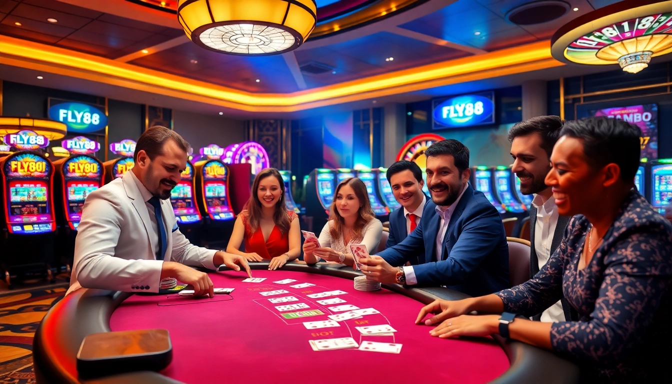 Experience the thrill of FLY88 as players engage in blackjack at a luxurious casino table.