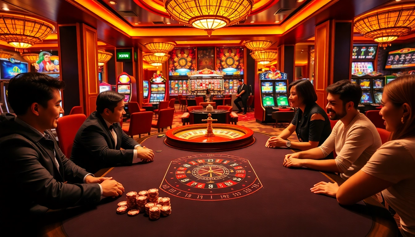 Exciting players at a poker table in a luxury casino atmosphere featuring https://xx88.promo/ betting excitement.