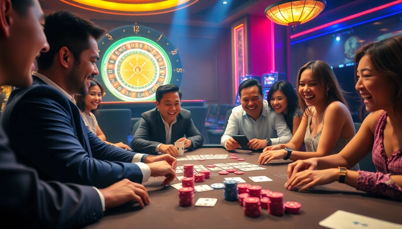 Players enjoying a lively gamebaidoithuong at a stunning casino table filled with cards and chips.