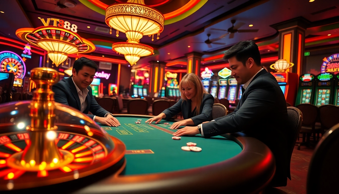 The thrilling gaming experience at Vt88 nhà cái showcases players enjoying poker and casino games.