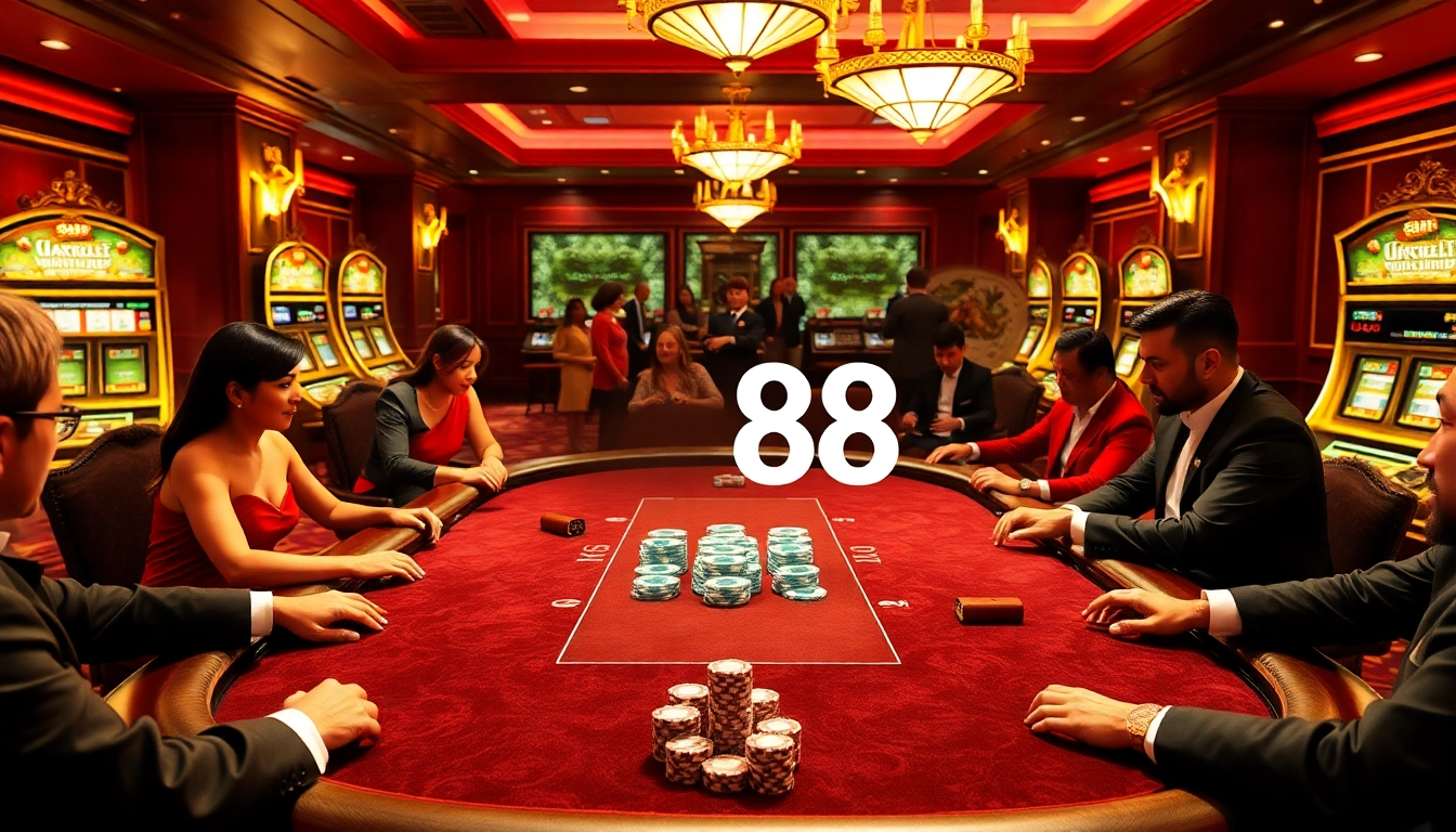 Players engaging in intense poker action at the RR88 casino table, showcasing excitement and strategy.