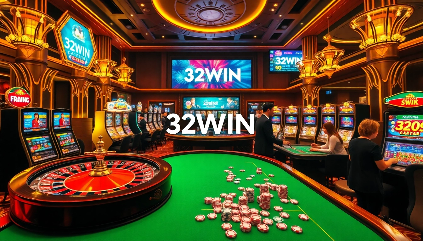 Engaged players enjoying games at a luxurious casino featuring the 32WIN Link banner.