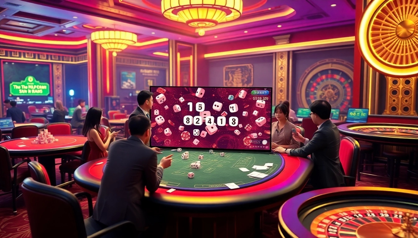 Engaging players enjoying tài xỉu online in a vibrant casino setting with colorful dice and chips.