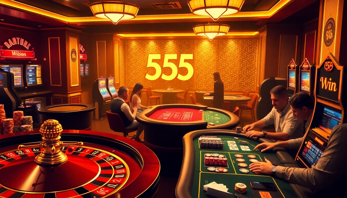 Experience the thrill of 555 win with players excitedly engaging at a vibrant casino table.
