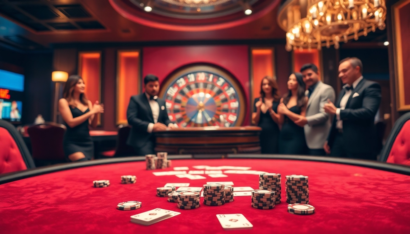 i9bet gaming table with action-packed poker chips and cards in a luxurious casino scene