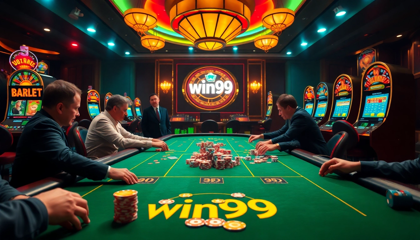 Experience the thrilling action of win.99 at an upscale casino gaming table with vibrant poker and slot visuals.