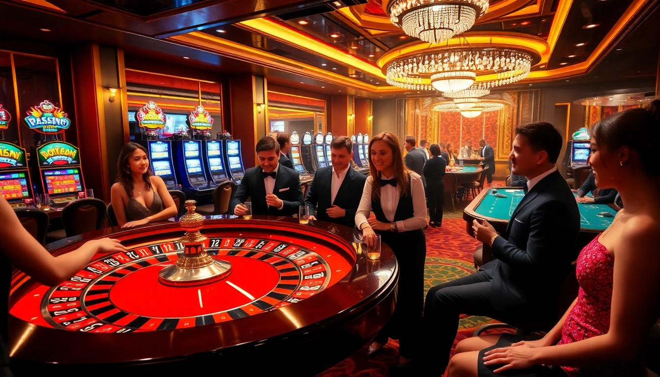 Experience the excitement of TR88 CASINO with players at a roulette table amidst vibrant slot machines.