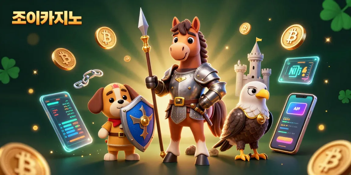 Experience the excitement of 조이카지노 with a vibrant 3D illustration showcasing medieval characters and cryptocurrency elements.